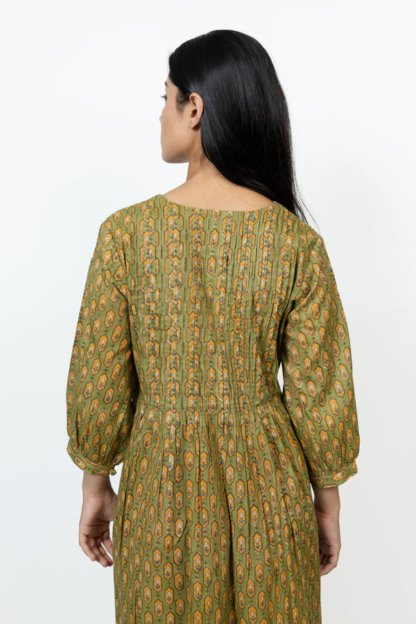 Cotton Hand Block Printed Dress - Green