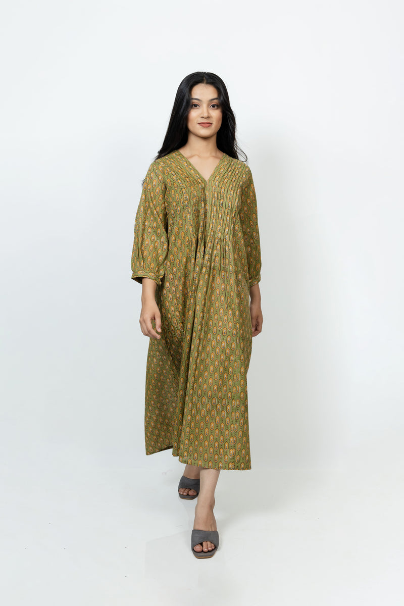 Cotton Hand Block Printed Dress - Green