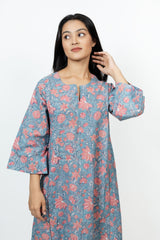 Cotton Hand Block Printed Dress - Blue