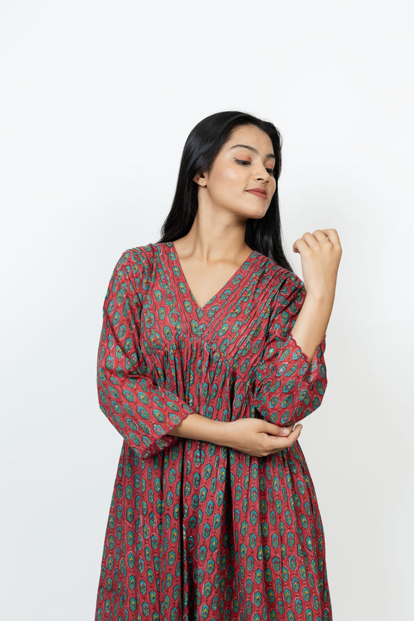 Cotton Hand Block Printed Dress - Red