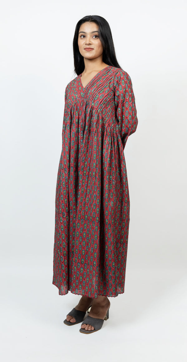 Cotton Hand Block Printed Dress - Red