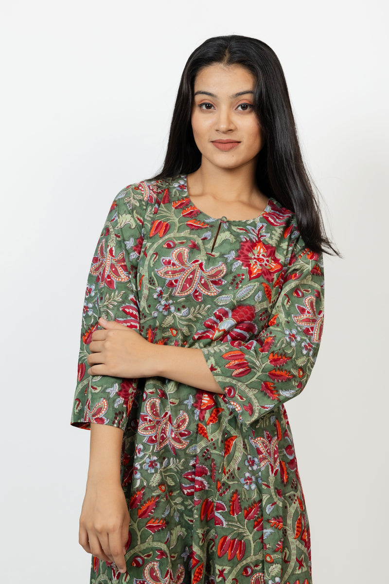 Cotton Hand Block Printed Dress - Green