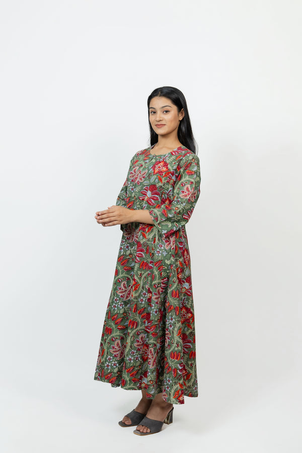 Cotton Hand Block Printed Dress - Green