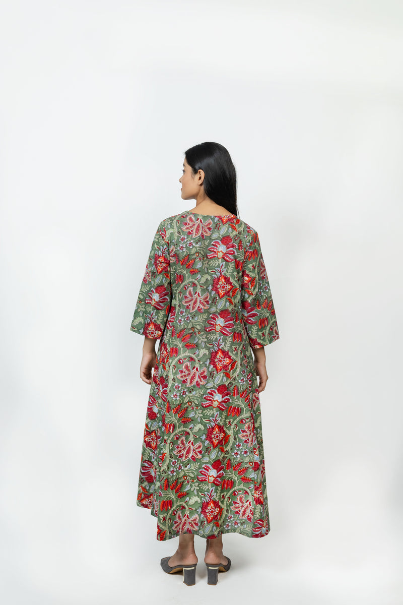 Cotton Hand Block Printed Dress - Green