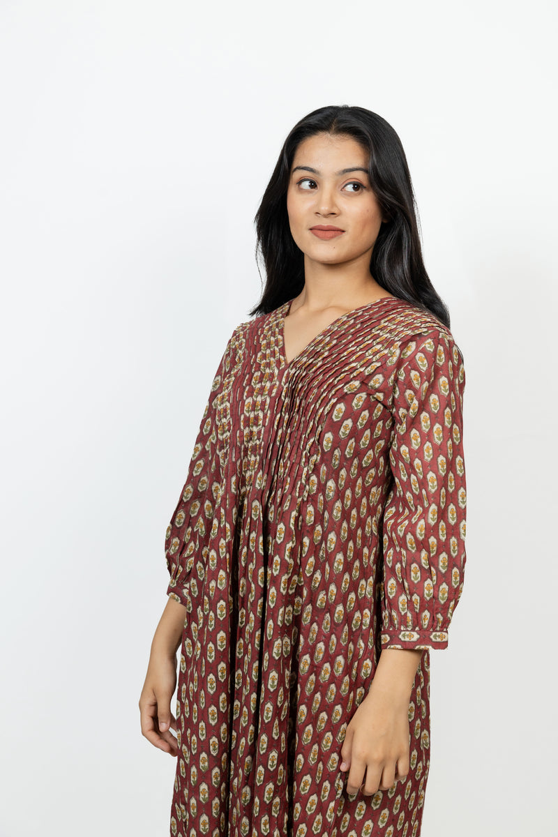 Cotton Hand Block Printed Dress - Red