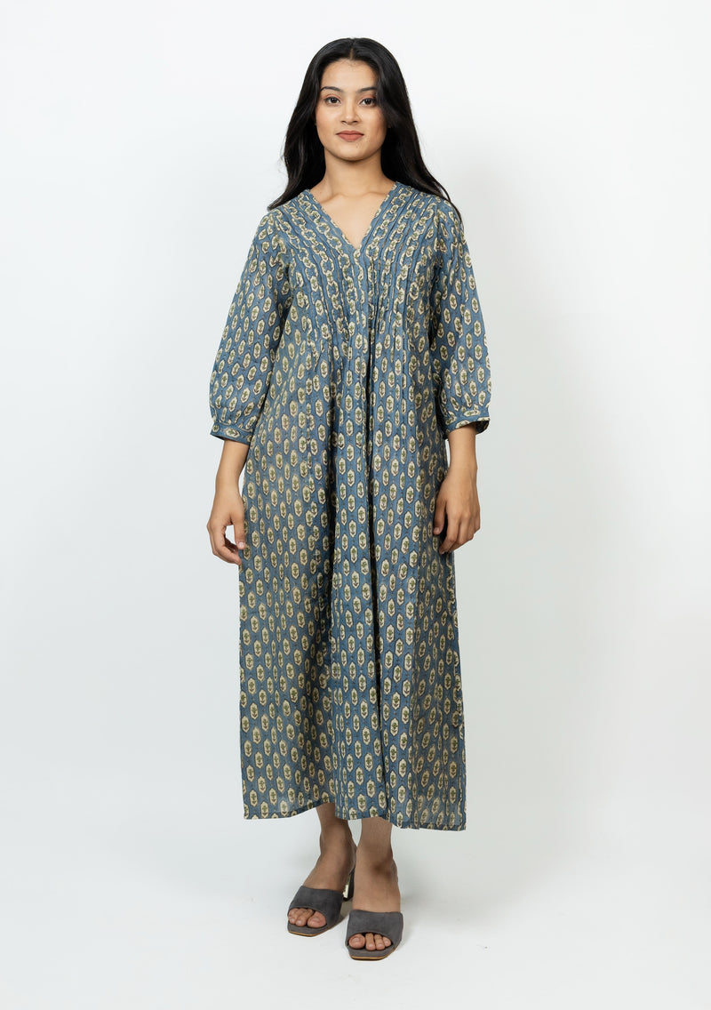 Cotton Hand Block Printed Dress - Blue