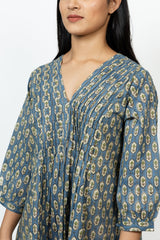 Cotton Hand Block Printed Dress - Blue