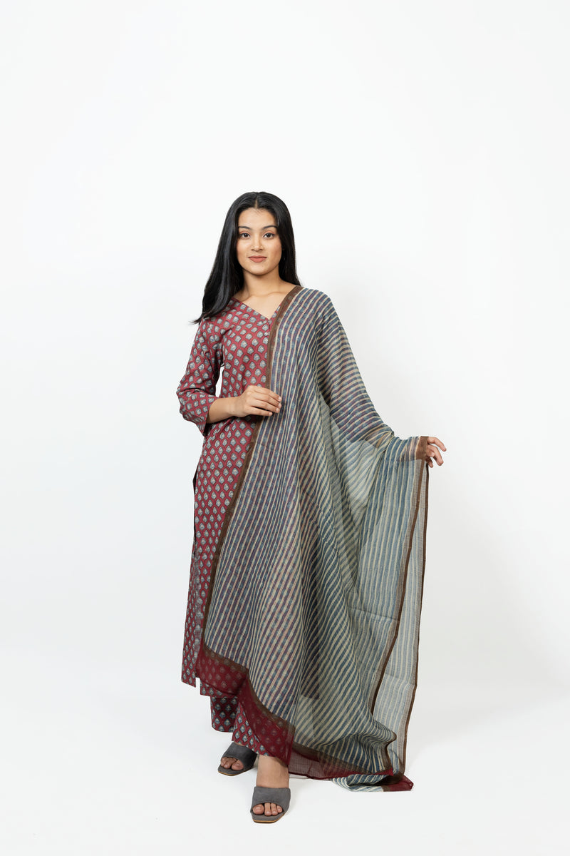 Cotton Kota Doria Hand Block Printed Dupatta - Maroon