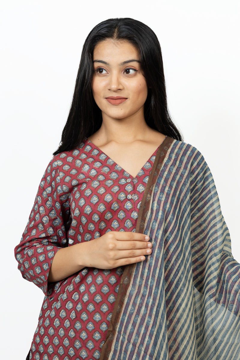 Cotton Hand Block Printed Kurta - Maroon