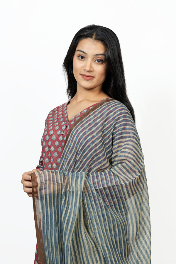 Cotton Kota Doria Hand Block Printed Dupatta - Maroon