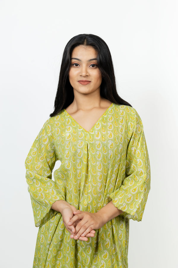 Cotton Hand Block Printed Kurta - Light Green