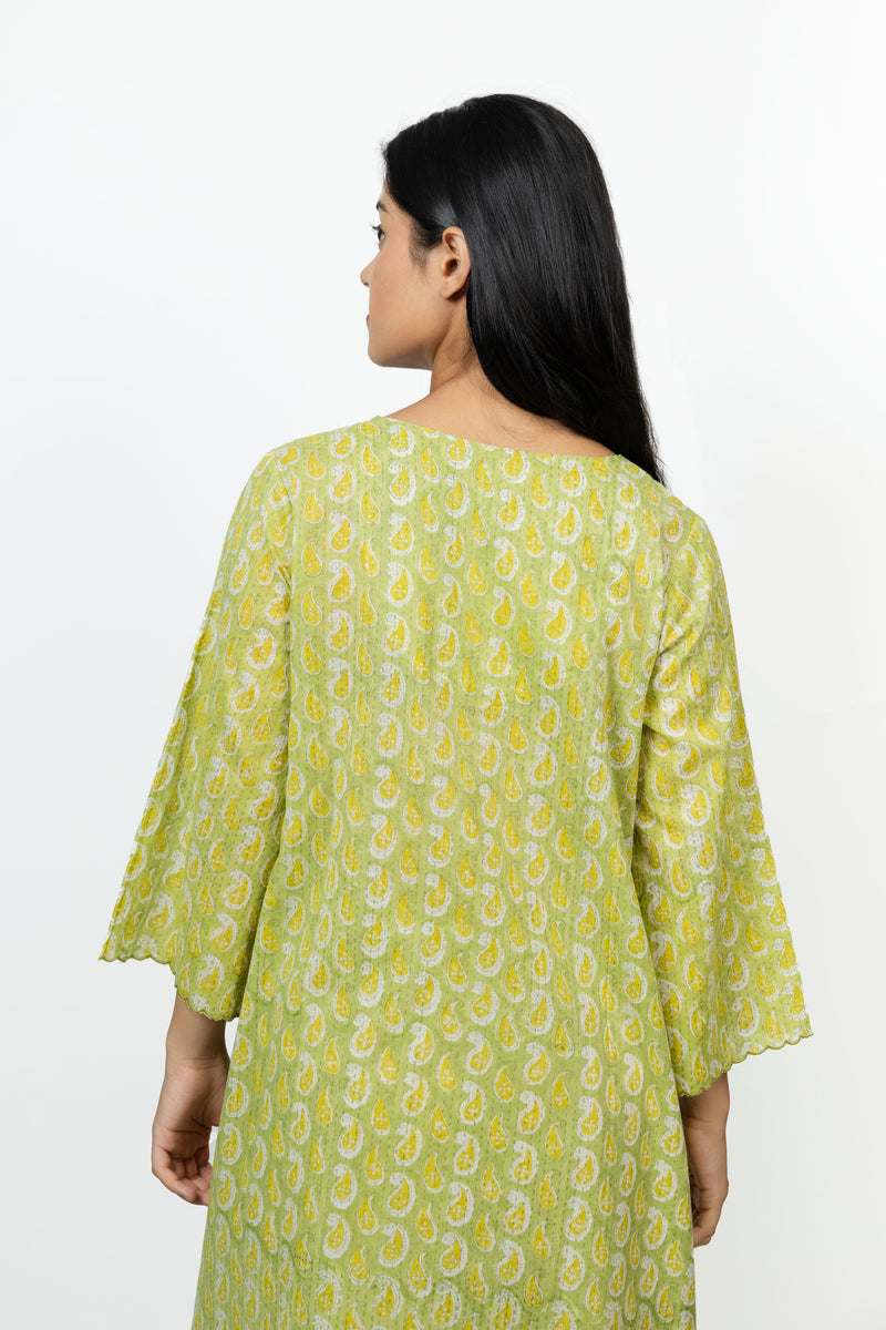 Cotton Hand Block Printed Kurta - Light Green