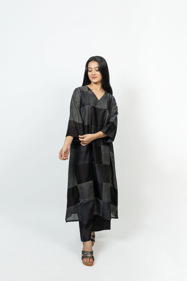 Chanderi Hand Block Printed Kurta - Black