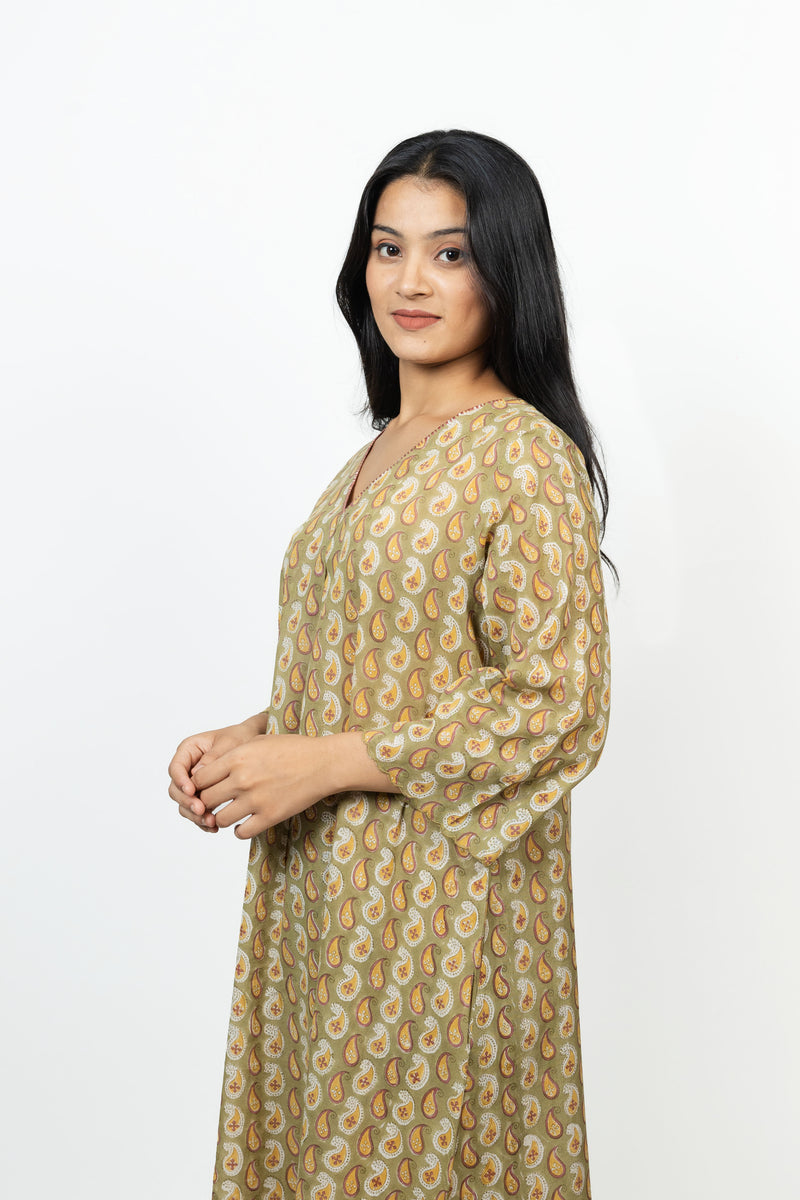 Cotton Hand Block Printed Kurta - Brown