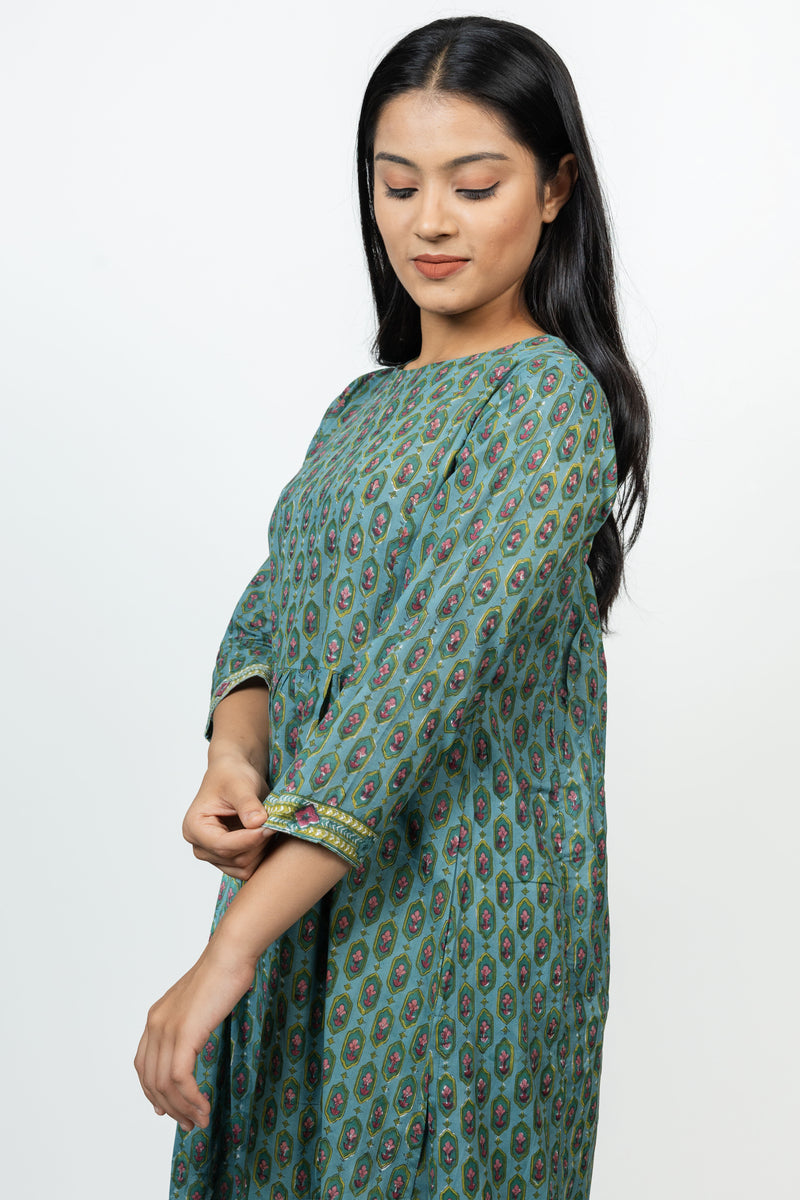 Cotton Hand Block Printed Kurta - Blue