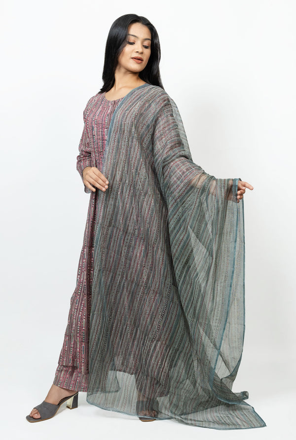 Cotton Kota Doria Hand Block Printed Dupatta - Grey