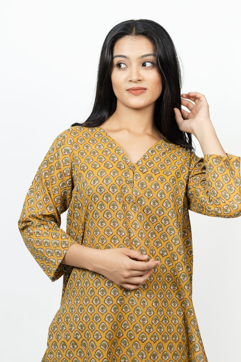 Cotton Hand Block Printed Kurta - Yellow