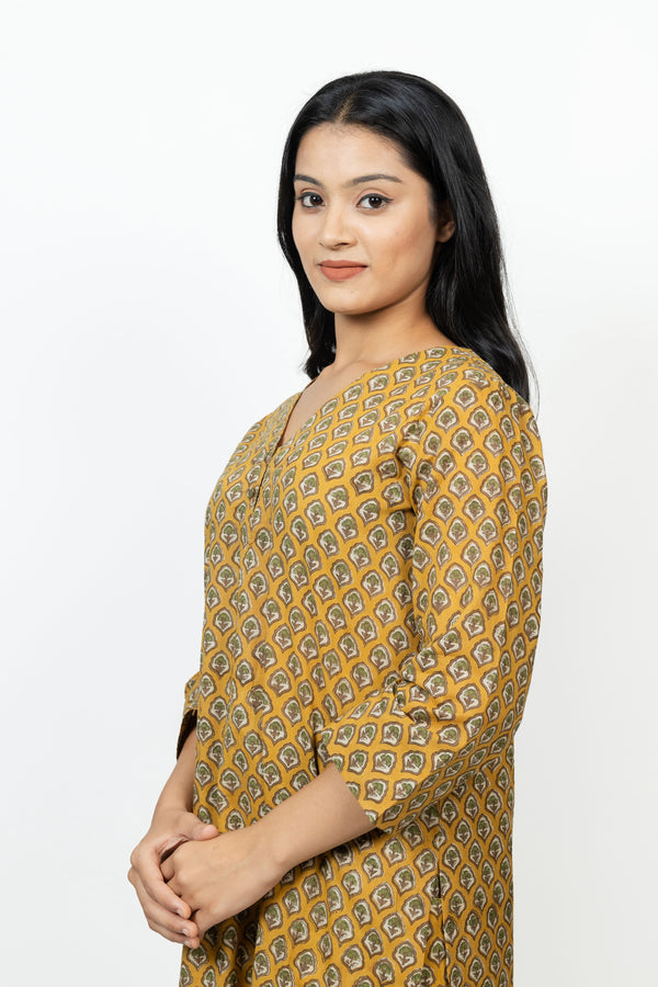 Cotton Hand Block Printed Kurta - Yellow