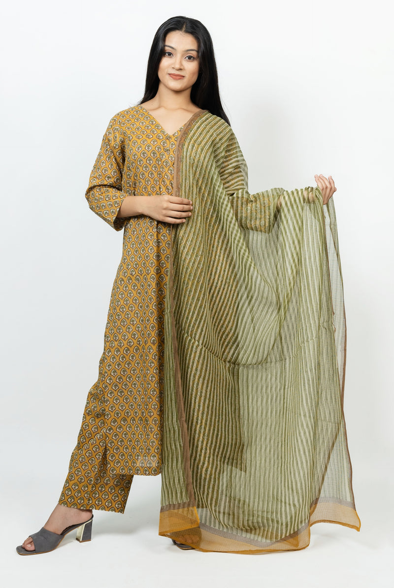 Cotton Kota Doria Hand Block Printed Dupatta - Green