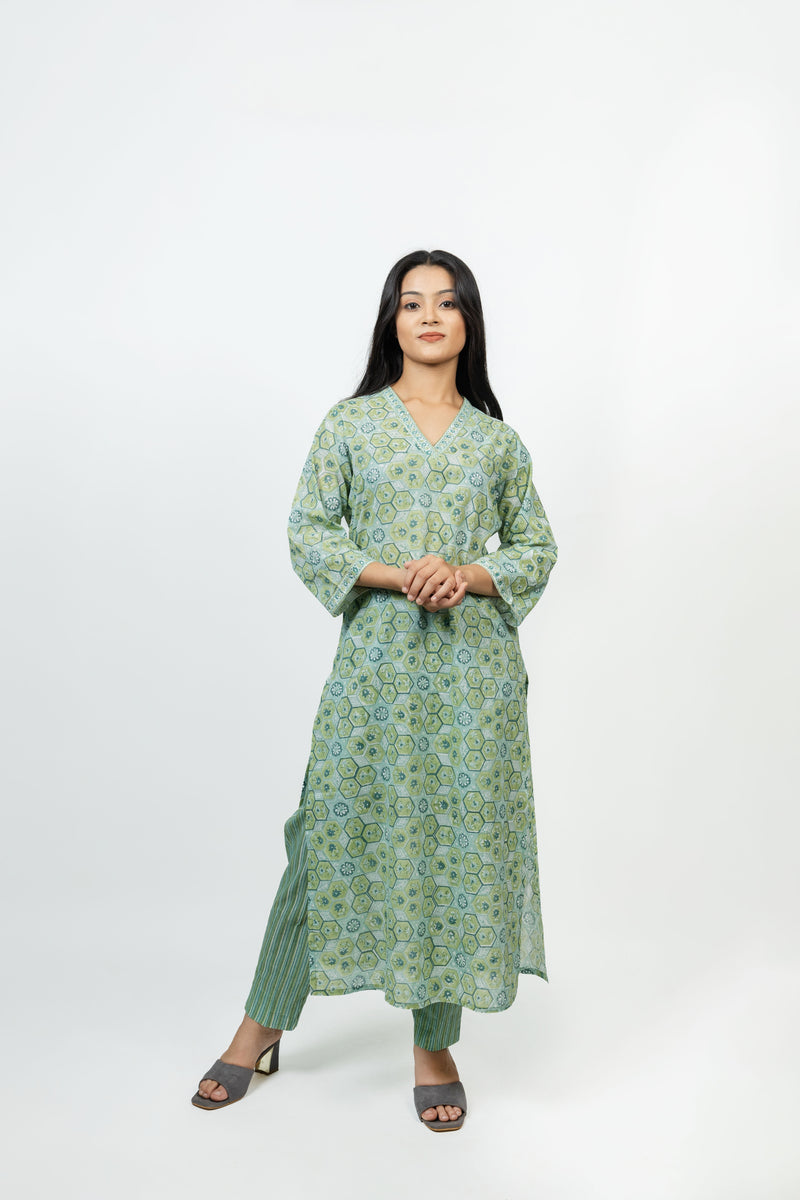 Cotton Hand Block Printed Kurta - Light Green