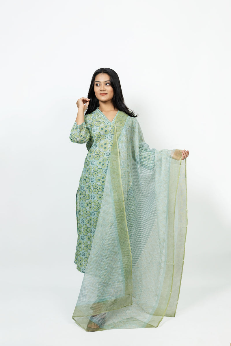 Cotton Kota Doria Hand Block Printed Dupatta - Light Green