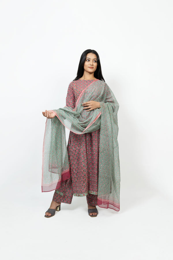 Cotton Kota Doria Hand Block Printed Dupatta - Pink