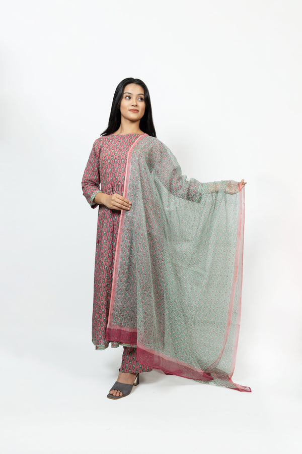 Cotton Kota Doria Hand Block Printed Dupatta - Pink