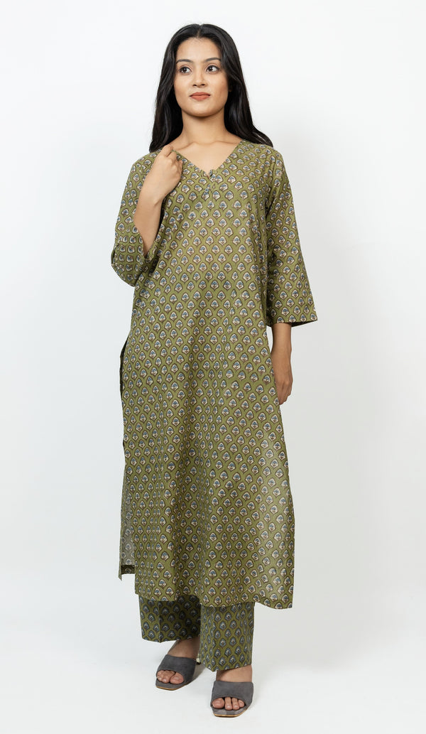 Cotton Hand Block Printed Kurta - Green