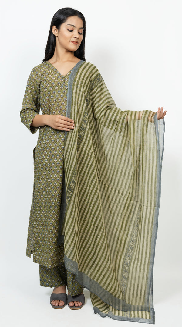 Cotton Kota Doria Hand Block Printed Dupatta - Green