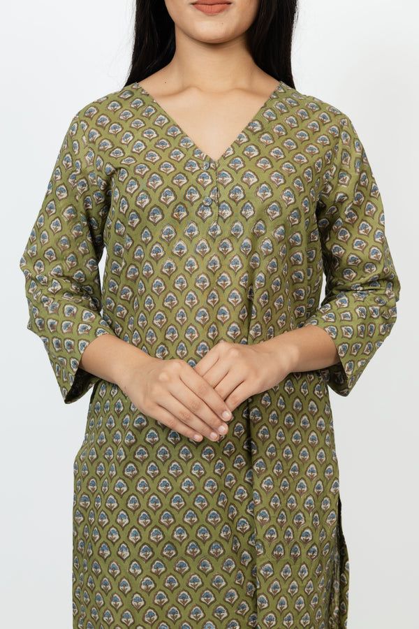 Cotton Hand Block Printed Kurta - Green