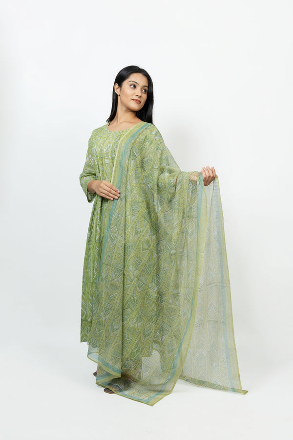 Cotton Kota Doria Hand Block Printed Dupatta - Green