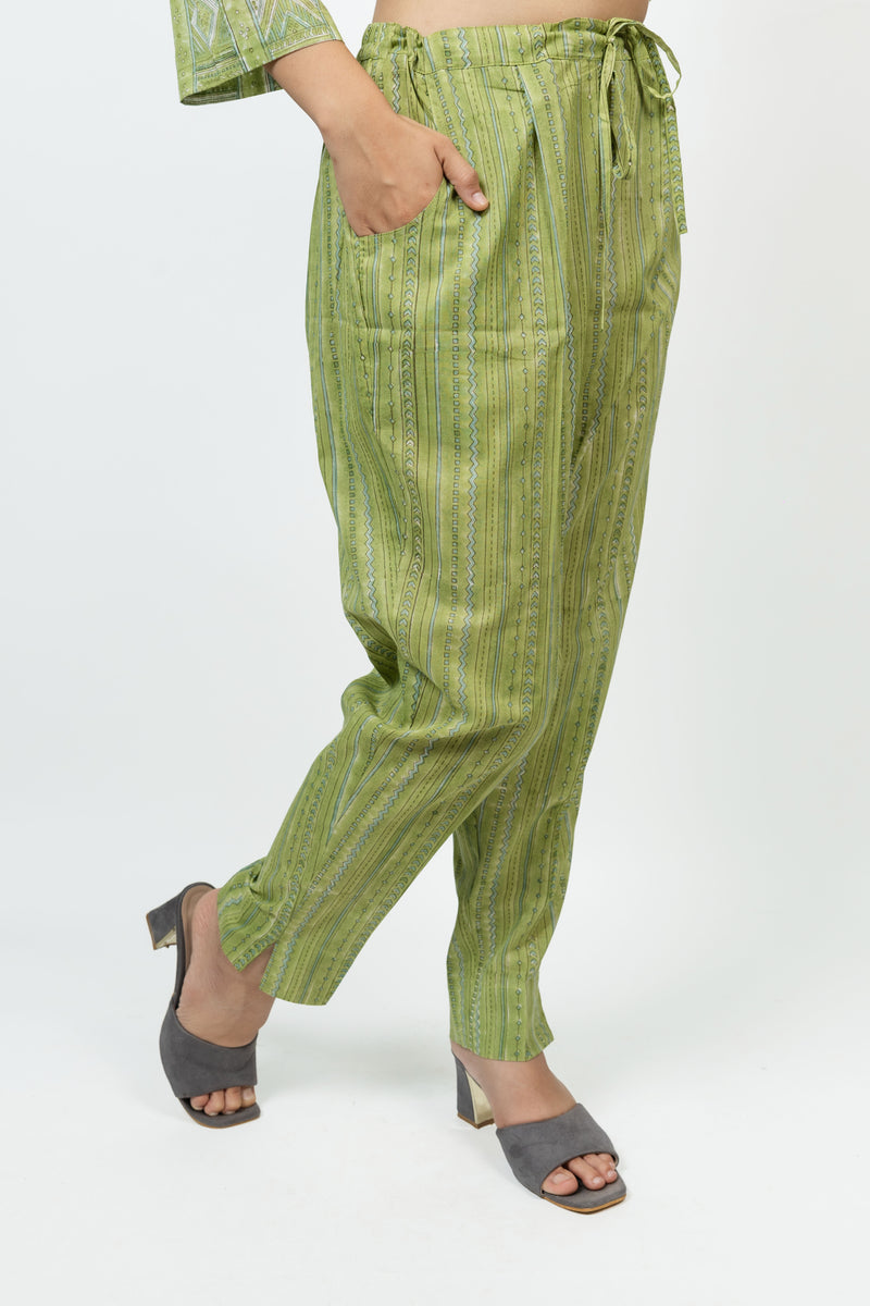 Cotton Hand Block Printed Pant - Green