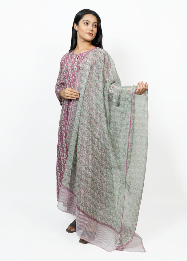 Cotton Kota Doria Hand Block Printed Dupatta - Green