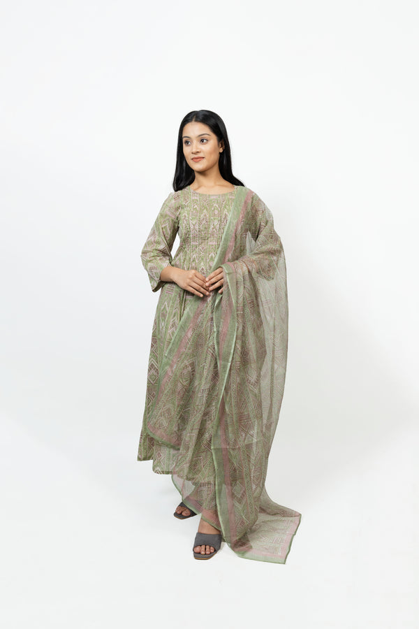 Cotton Kota Doria Hand Block Printed Dupatta - Green