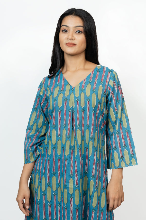 Cotton Hand Block Printed Kurta - Blue