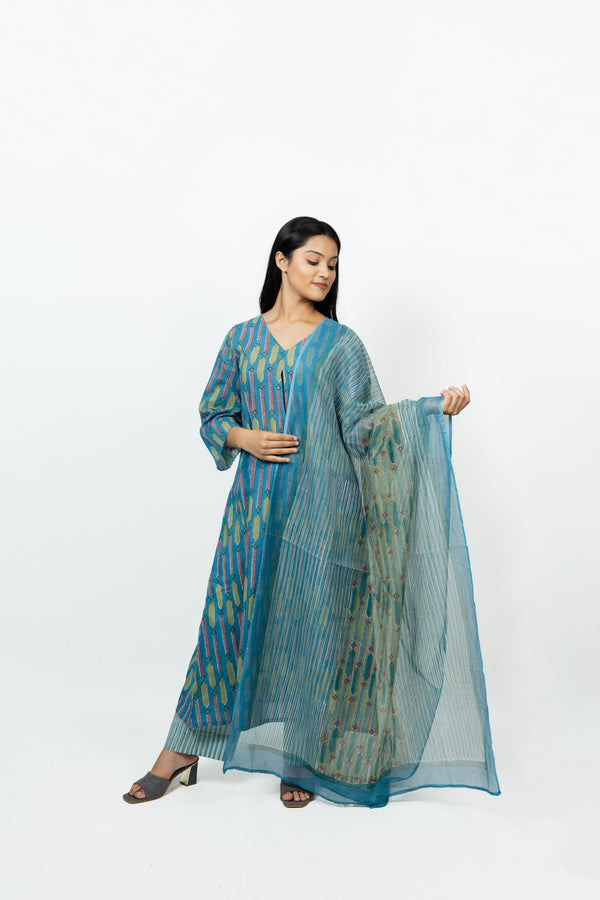 Cotton Kota Doria Hand Block Printed Dupatta - Blue