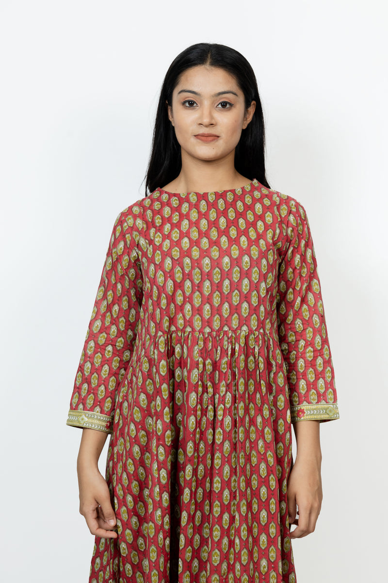 Cotton Hand Block Printed Kurta - Red