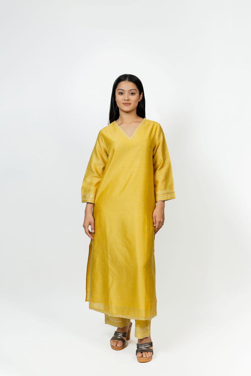 Chanderi V Neck Straight Kurta - Yellow