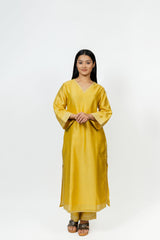 Chanderi V Neck Straight Kurta - Yellow