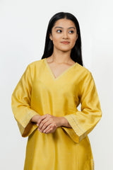 Chanderi V Neck Straight Kurta - Yellow