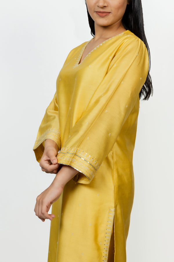 Chanderi V Neck Straight Kurta - Yellow