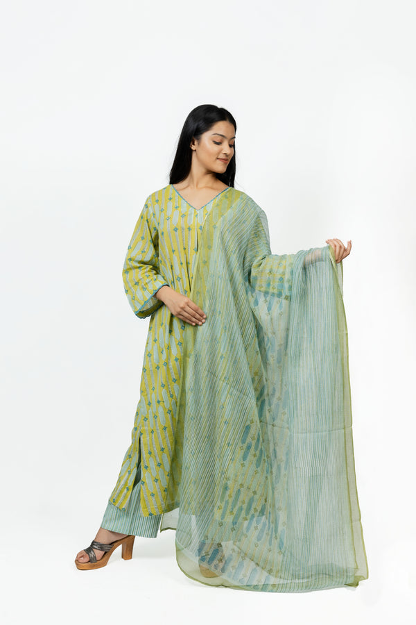 Cotton Kota Doria Hand Block Printed Dupatta - Green