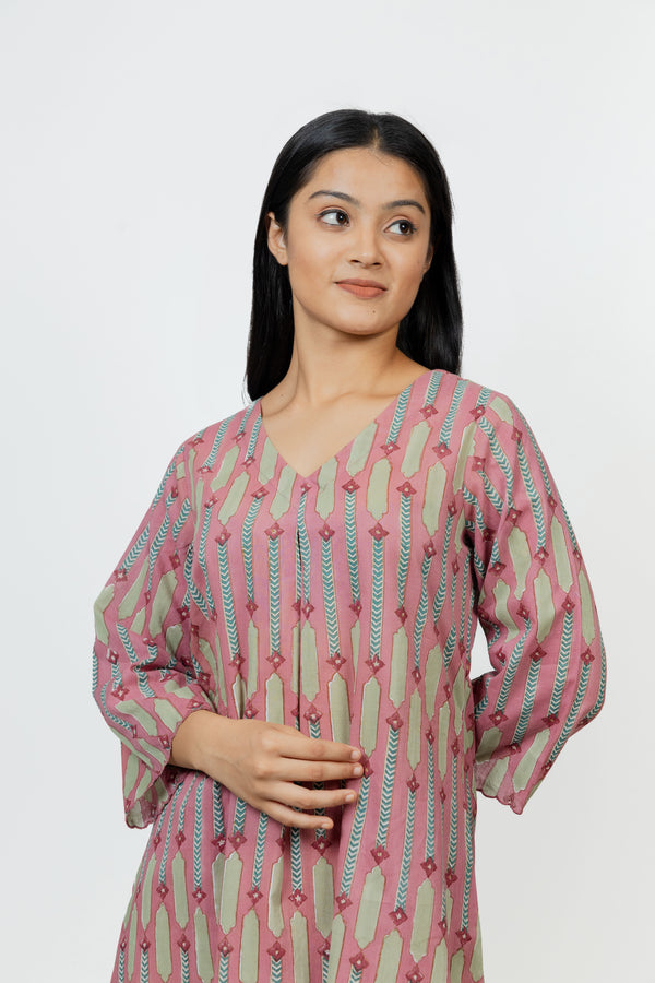 Cotton Hand Block Printed Kurta - Pink