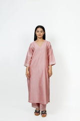 Chanderi V Neck Straight Kurta - Pink