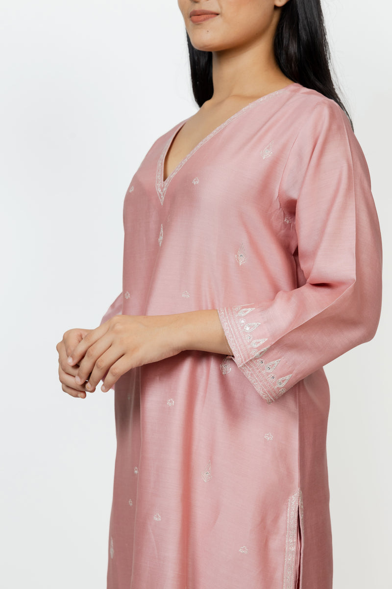 Chanderi V Neck Straight Kurta - Pink