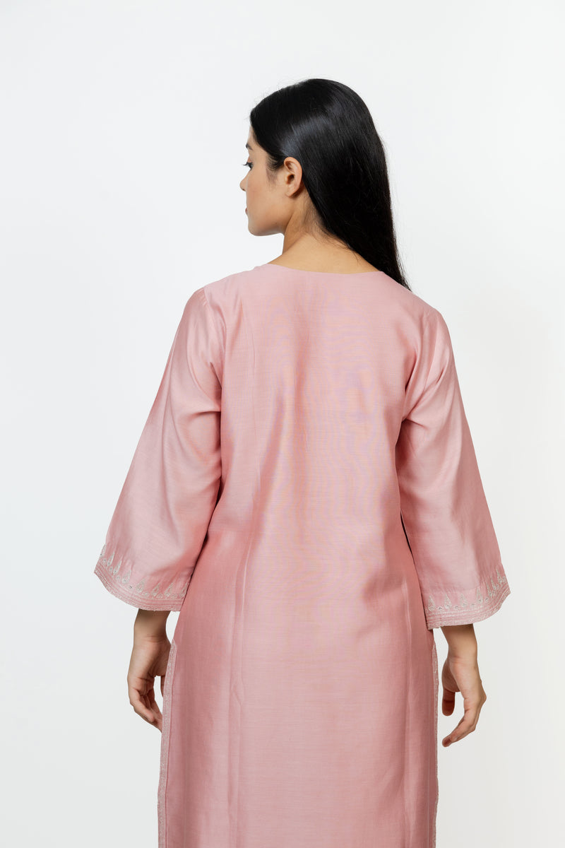 Chanderi V Neck Straight Kurta - Pink