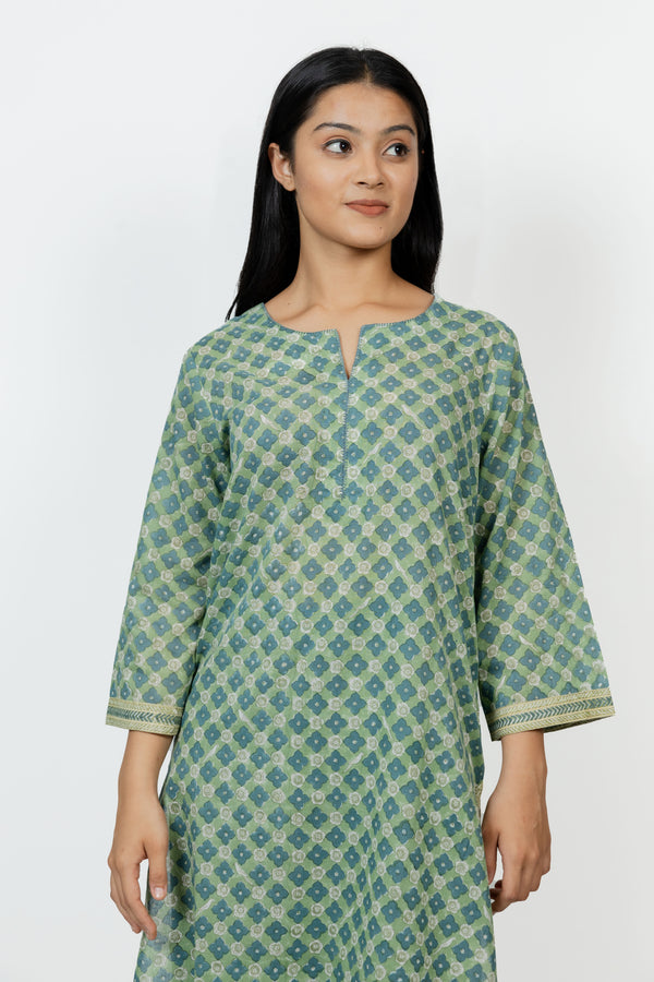 Cotton Hand Block Printed Kurta - Green