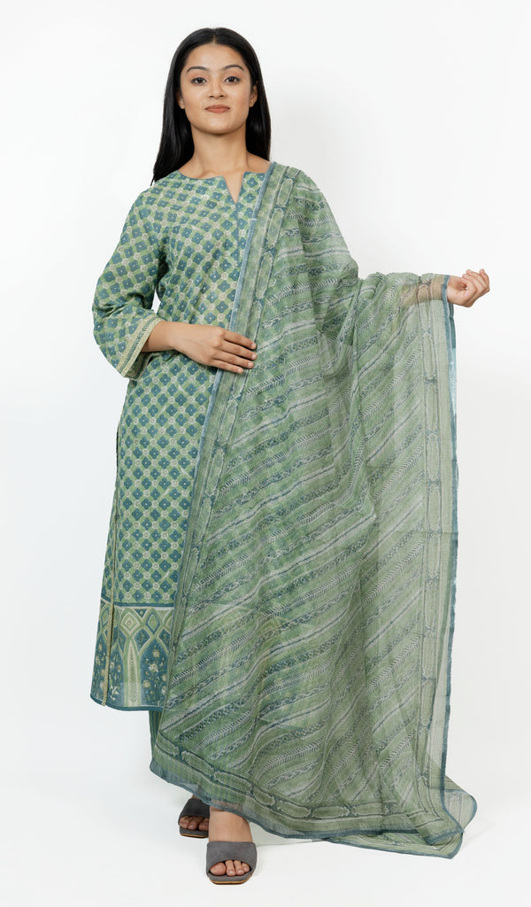 Cotton Kota Doria Hand Block Printed Dupatta - Green