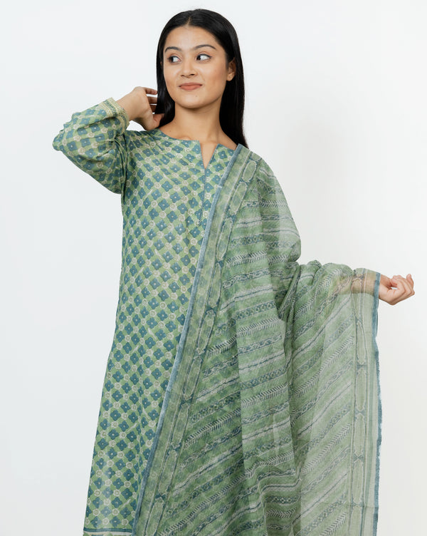 Cotton Kota Doria Hand Block Printed Dupatta - Green