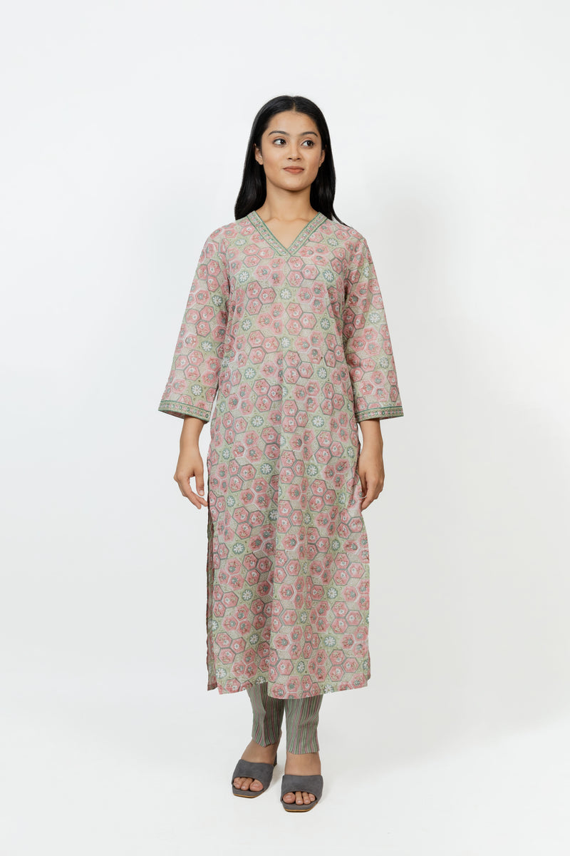 Cotton Hand Block Printed Kurta - Pink